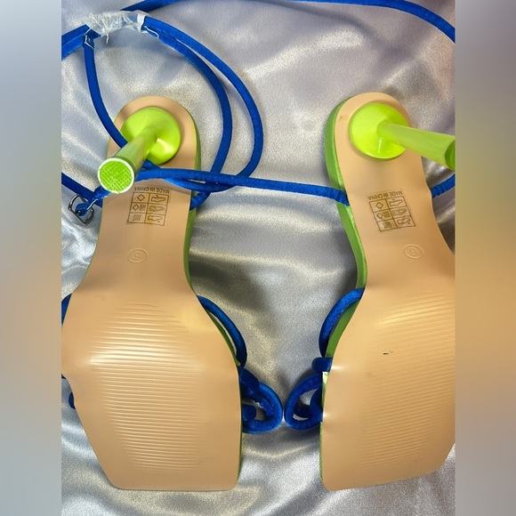 Public Desire Blue and Green Heeled Sandals with Square-Toe Design - Picture 6 of 7